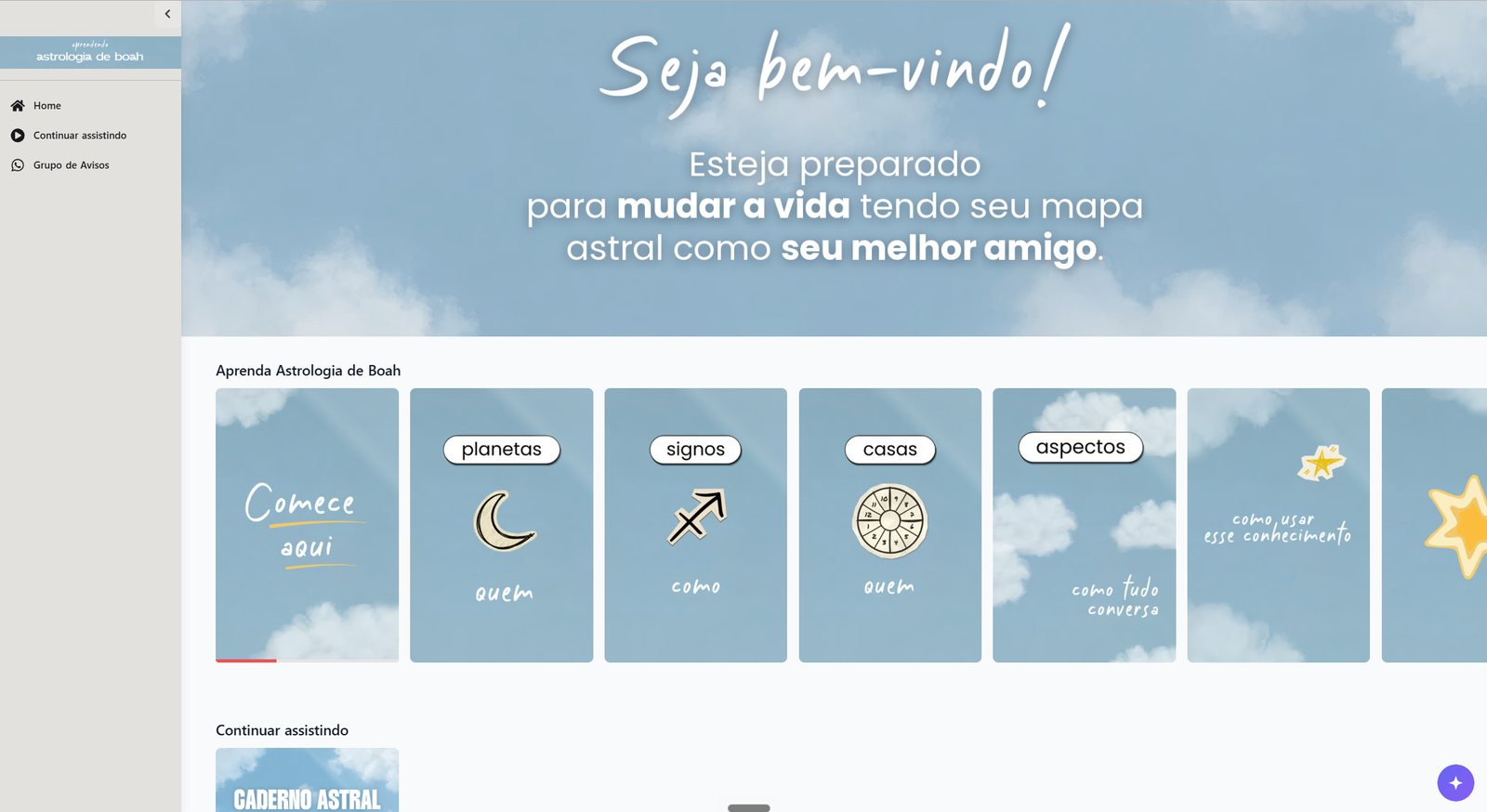 A área de membros do curso: tela de boas-vindas e os módulos, um por card